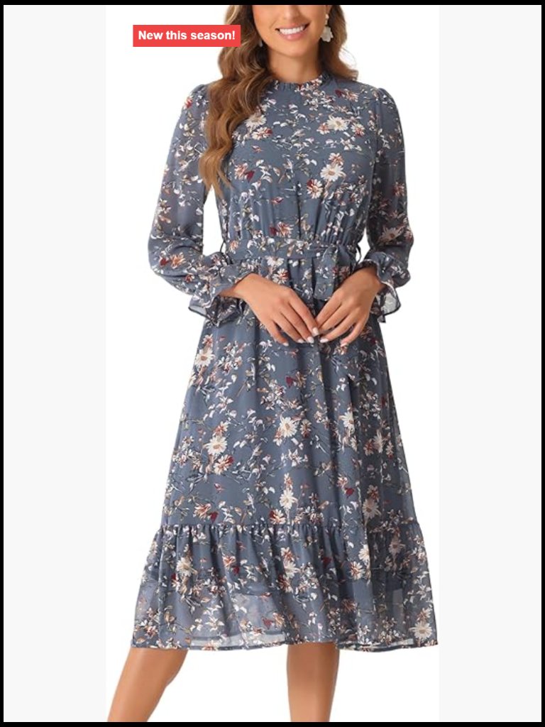 Long Sleeve Floral Chiffon Midi Dress Puff Sleeve Mock Neck A-Line